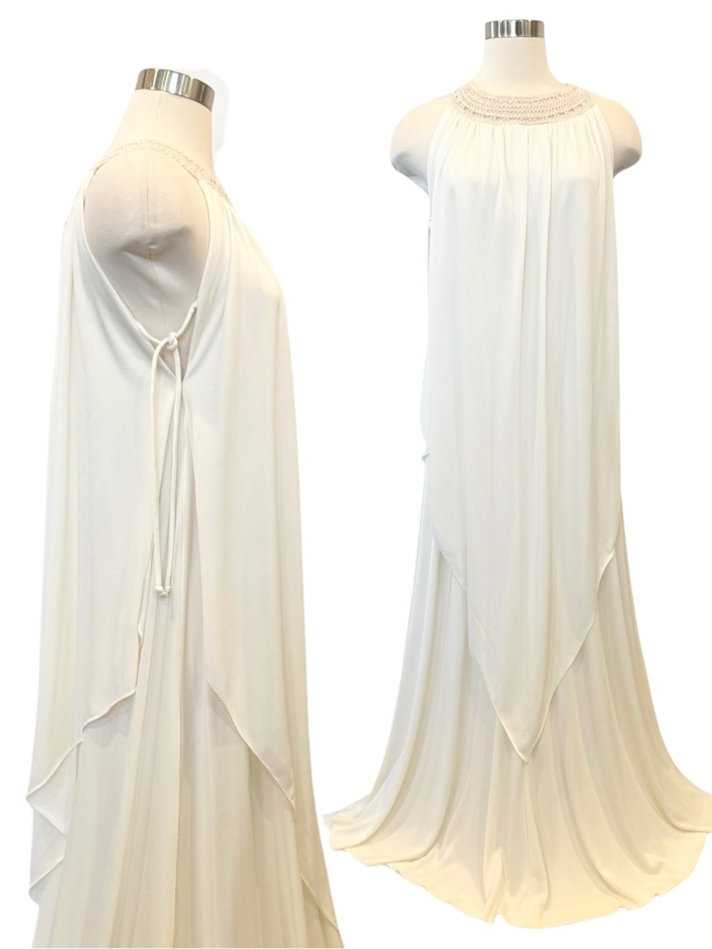 Joseph Magnin Silky Satin Ivory Vintage Goddess Maxi Gown Halter Kaftan Dress - Picture 10 of 15